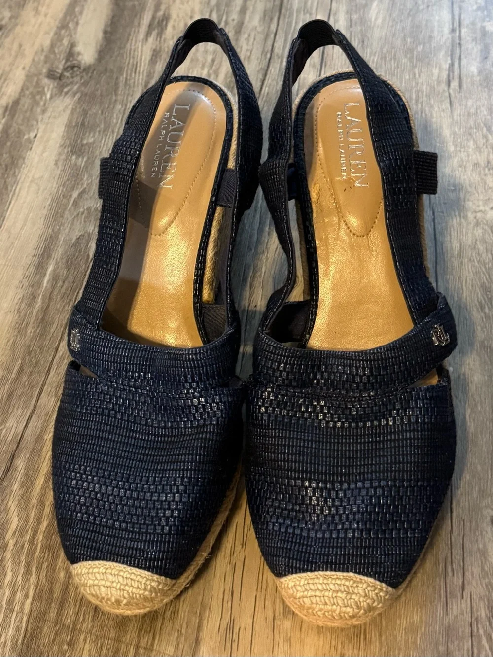 Ralph Lauren Penelope Navy Woven Slingback Espadrille Wedge Sandals Jute Toe 10